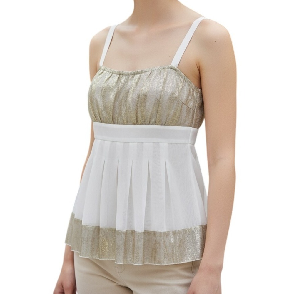 CACHE White With Gold Metallic Ruched Sheer Illusion Tank Cami Top NWOT Siz